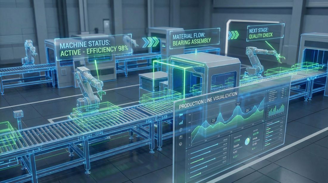 FlowMaster AI — wizualizacja inteligentnej linii produkcyjnej