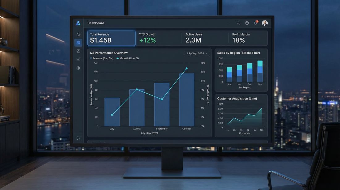 VisionDesk AI — panoramiczny widok dashboardu KPI
